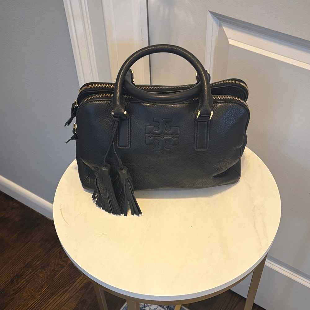 Tory Burch Black Leather Satchel with Tassels